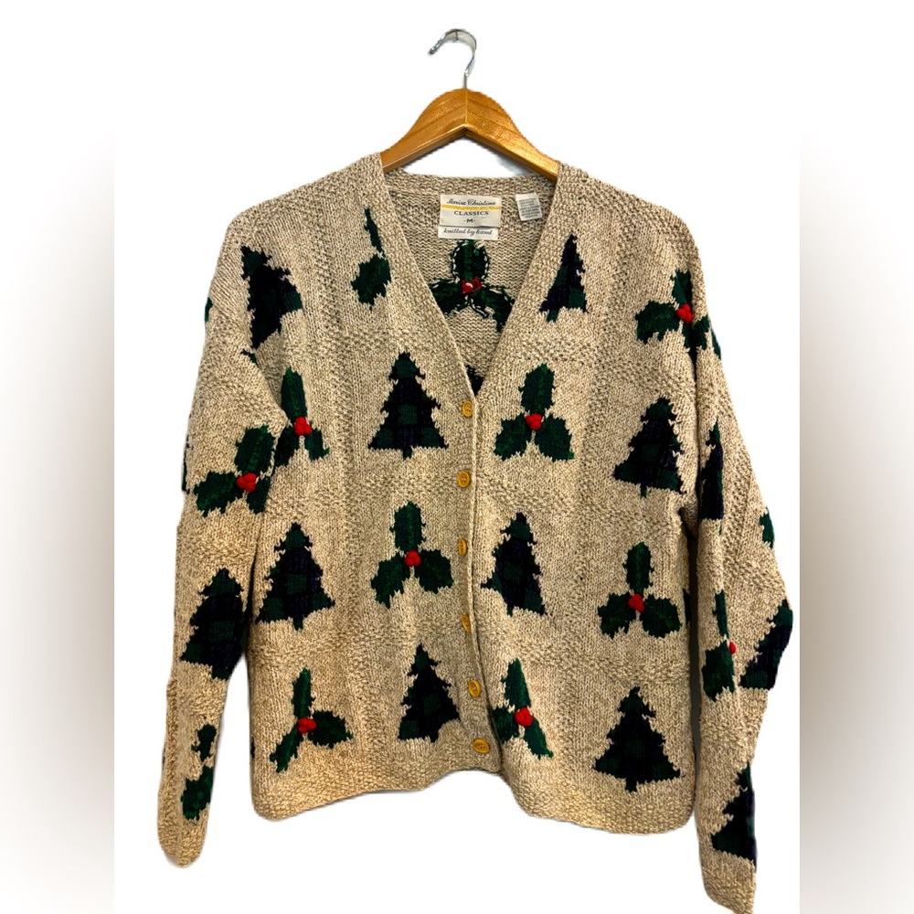 Marisa Christina Beige Cardigan with Green Trees and Red Berries
